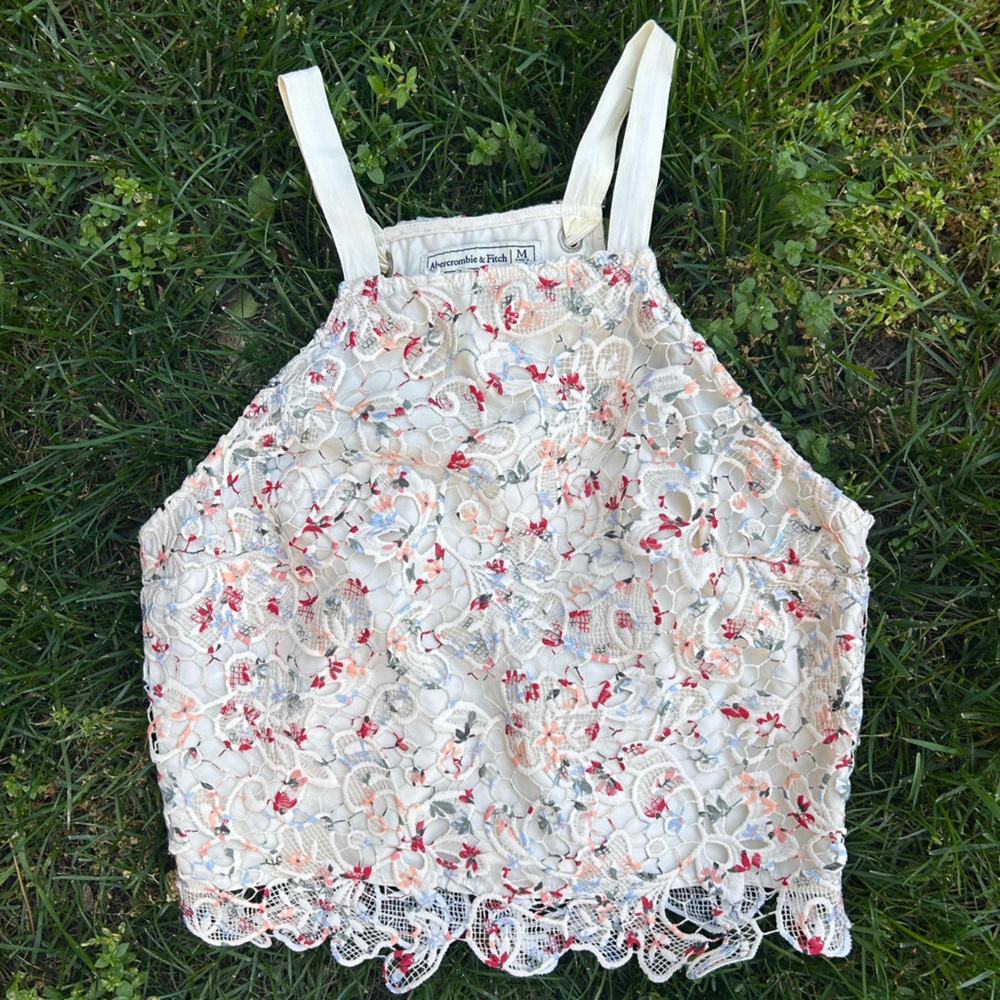 Abercrombie Cream yellow Floral Lace Halter Crop Top